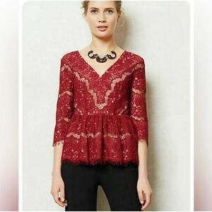 Maeve Anthropologie Lace Peplum Top Blouse double v-neck maroon red medium
